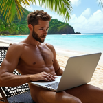 A digital nomad working remotely on a laptop with a tropical beach in the background, embodying the freedom and flexibility of the lifestyle.