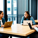 A diverse group of professional digital nomads in modest business casual attire, fully clothed, appropriate for collaborative work, interacting respectfully in a bright, modern co-working space bathed in natural light. Individuals are engaged in productive work, some chatting over coffee, others focused on laptops, creating an inviting and supportive atmosphere that emphasizes connection and belonging. This scene depicts overcoming loneliness through community. professional photography, high detail, realistic, perfect anatomy, correct proportions, natural pose, well-formed hands, proper finger count, natural body proportions, safe for work, appropriate content, family-friendly.